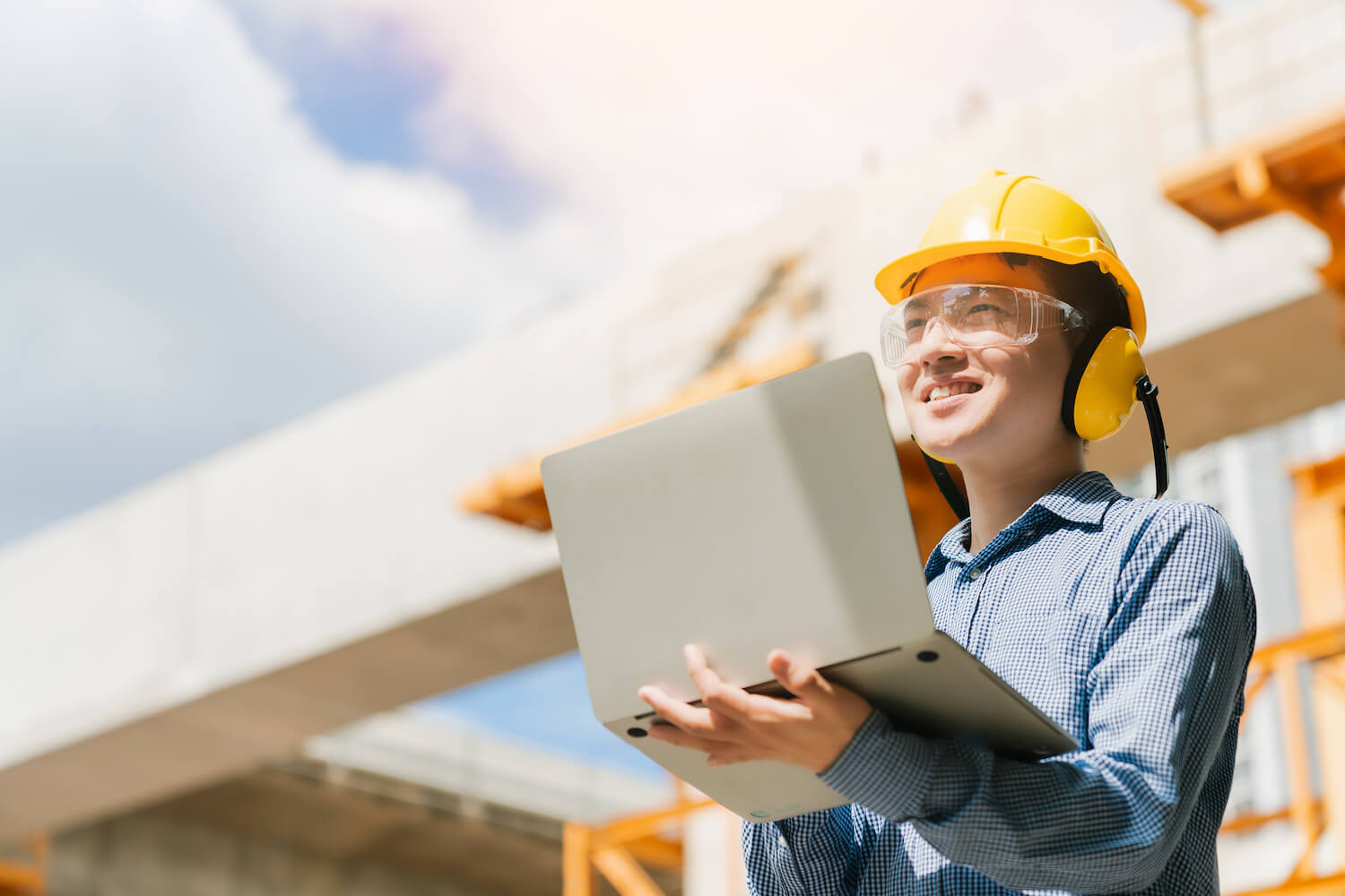smart asian glassses engineer working site inspector hand 