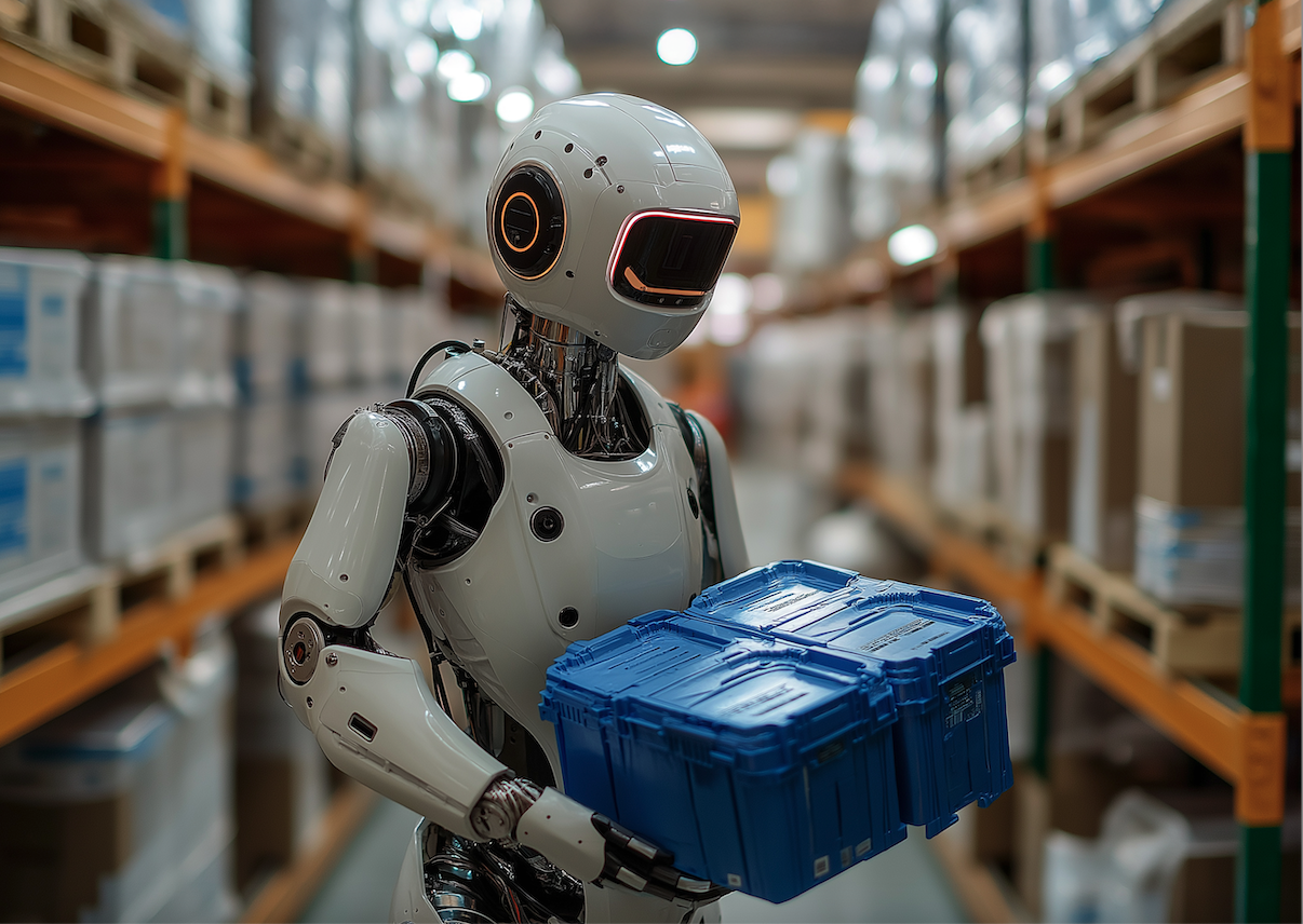 Humanoid robot in a warehouse carrying box