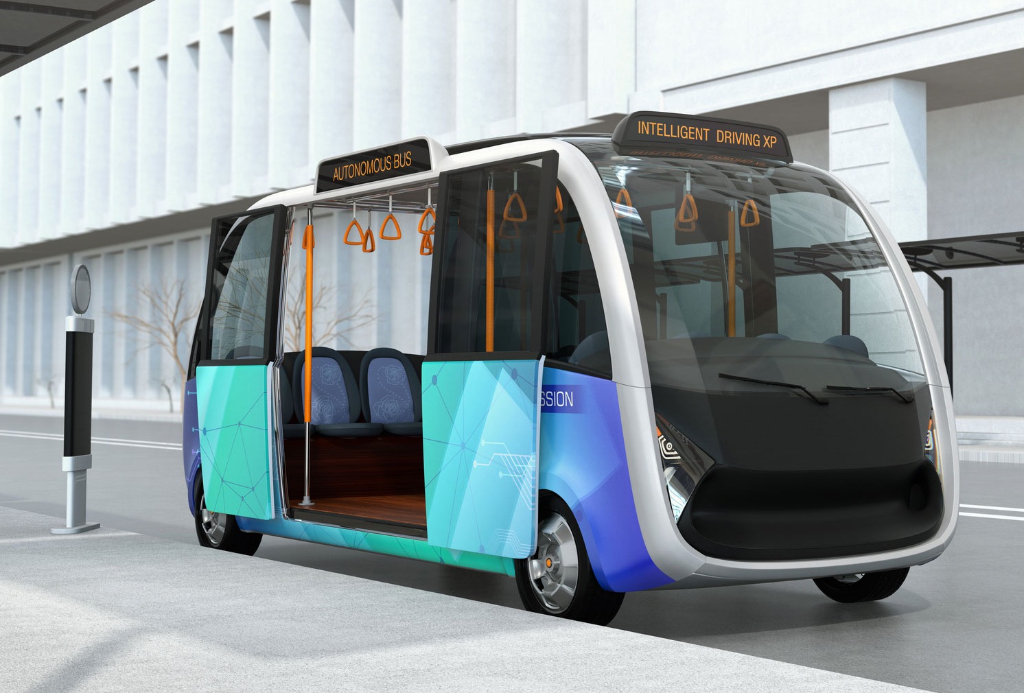 Self-driving-shuttle-bus-waiting-at-bus-station